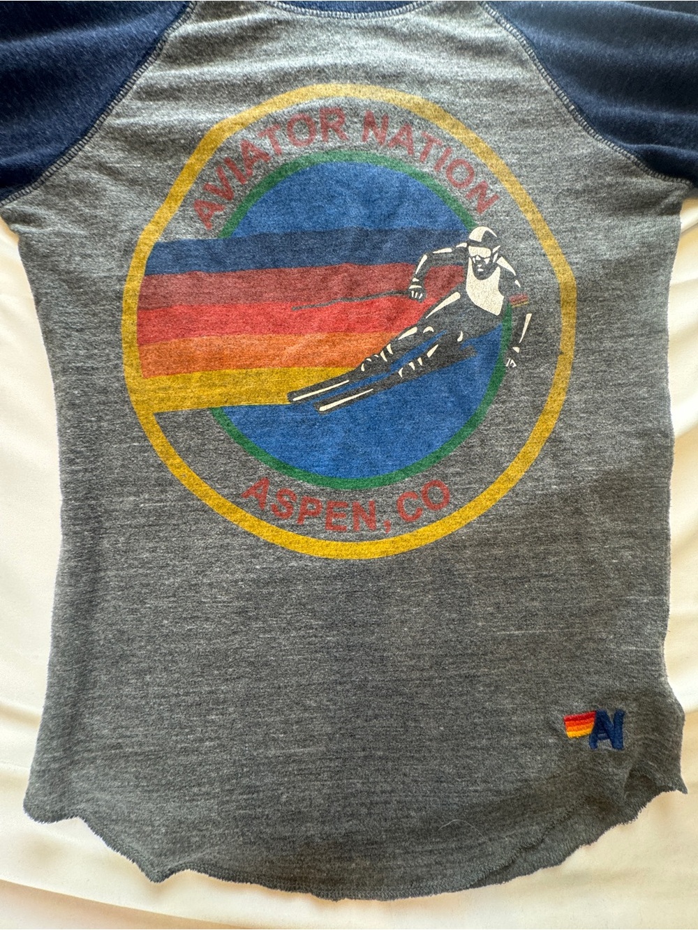 Aviator Nation Aspen CO Ski Raglan Graphic Tee XS Gray Navy Retro California